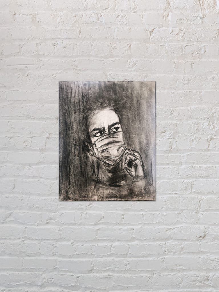 keyworker wearing gloves and a mask during COVID-19, charcoal on canvas